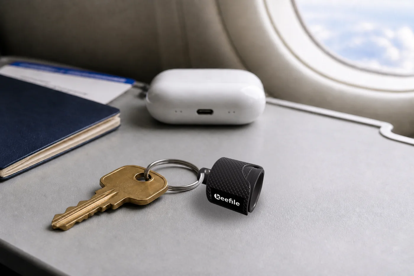 Keefile docked on its mount, on a keyring on an airplane tray table